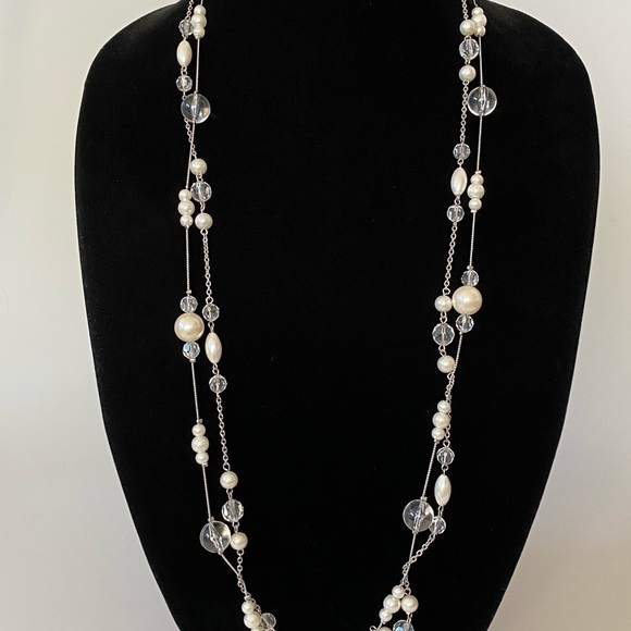 Necklace Two Strands Satellites Faux Acrylic Pearls & Beads Silver Tone 38” - Picture 3 of 11